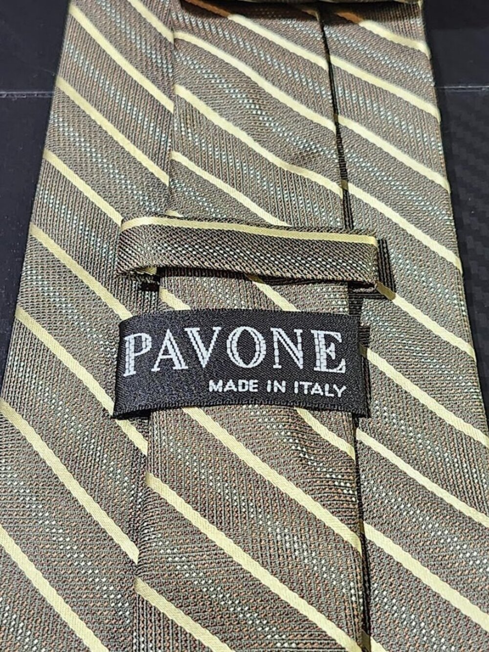 Pavone Light Brown Diagonal Striped 100% Silk Tie Made In Italy - Picture 3 of 5